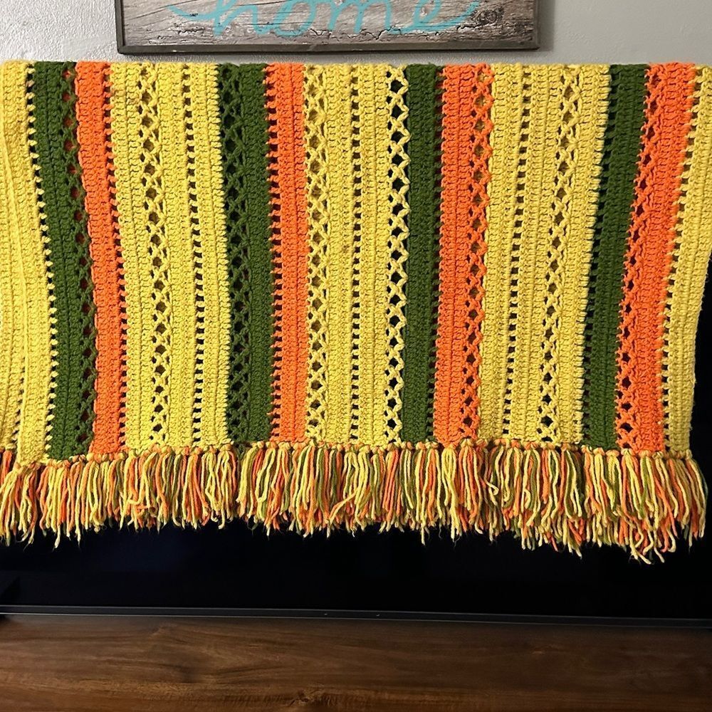 Handmade Afghan Vtg Olive Green Yellow Orange Stripe Throw Crochet Knit 74”x33”